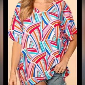 HAPTICS Women’s Boutique Brand Pink/Blue Geometric Loose Fit Top Size Small NWOT